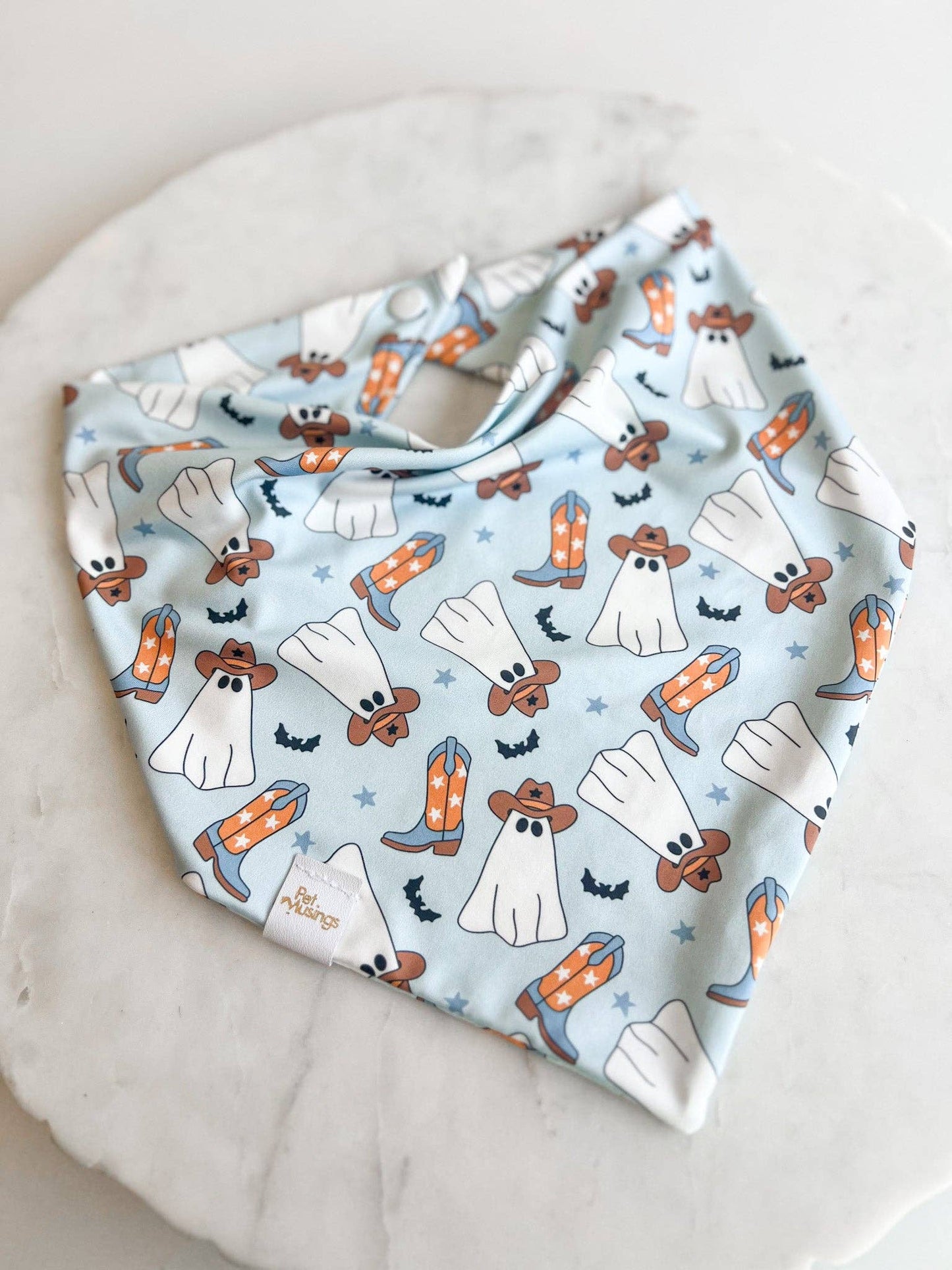 Pet Musings - Boot Scootin Ghostie Blue Wrinkle Resistant Bandana: Small