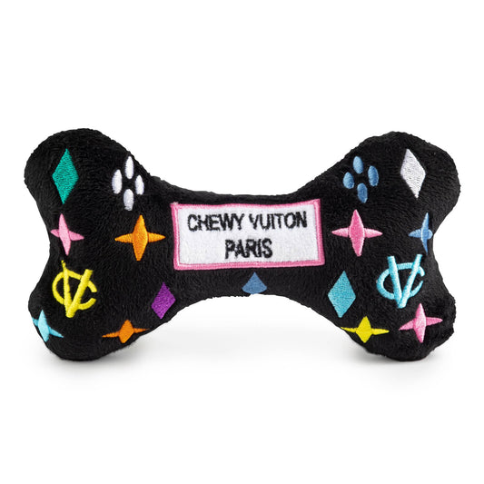 Haute Diggity Dog - Black Monogram Chewy Vuiton Bone Squeaker Dog Toy: Small / Mini