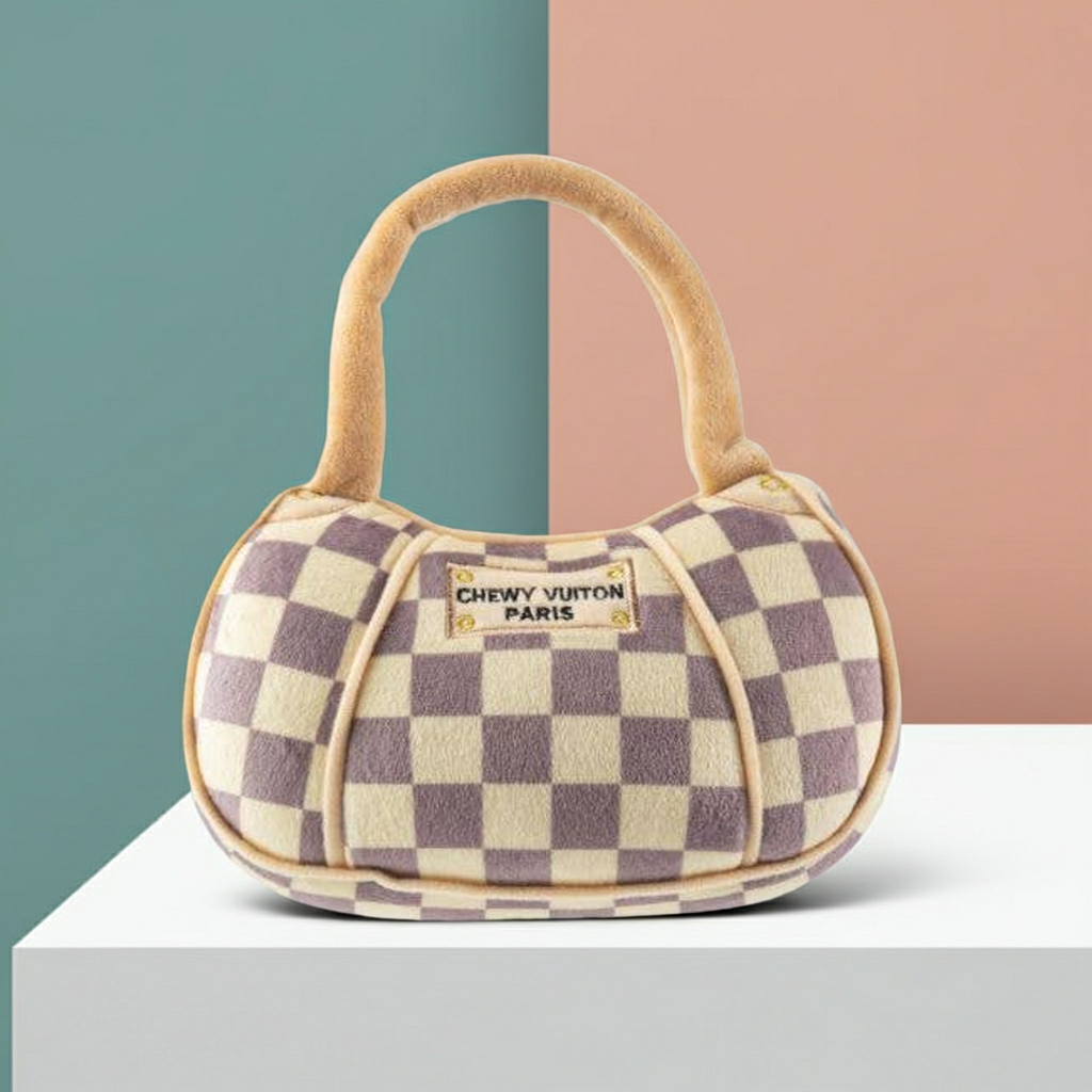 Checker Chewy Vuiton Handbag Squeaker Dog Toy: Large