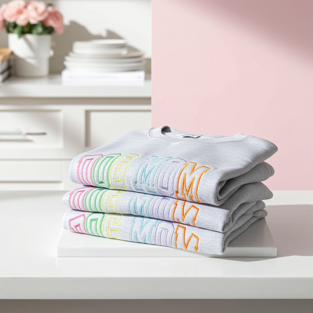 Dog Mom Multi Color Varsity Embroidered Sweatshirt: ASH GREY / MD