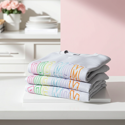 Dog Mom Multi Color Varsity Embroidered Sweatshirt: ASH GREY / MD