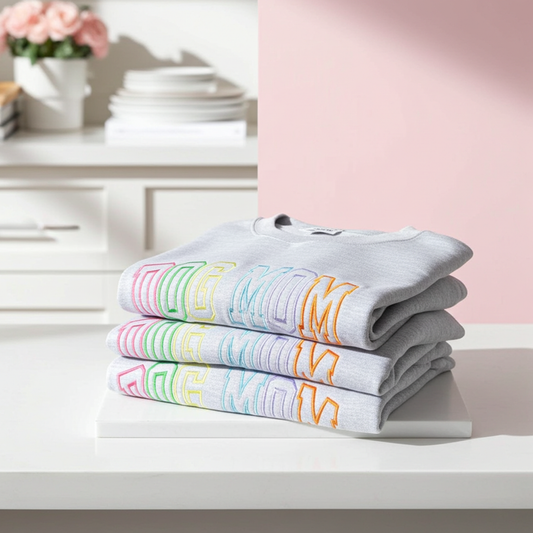 Dog Mom Multi Color Varsity Embroidered Sweatshirt: ASH GREY / MD