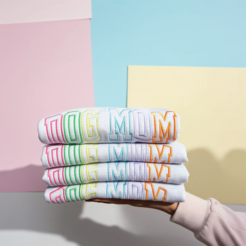 Dog Mom Multi Color Varsity Embroidered Sweatshirt: ASH GREY / SM