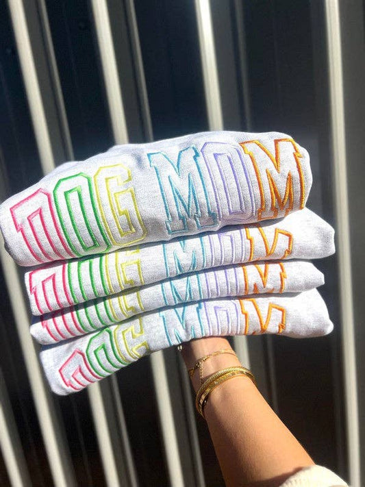 Dash Forward Wholesale - Dog Mom Multi Color Varsity Embroidered Sweatshirt: ASH GREY / XL